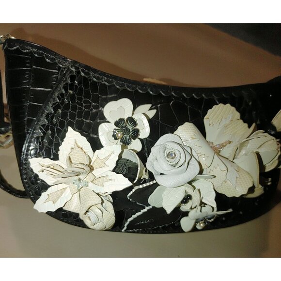 Brighton Leather Floral Embellished Black Retired Calista Croc Embossed Wristlet - Picture 6 of 10